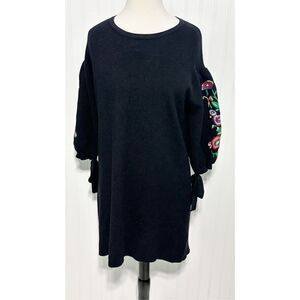 Zara Floral Embroidered Sleeves Tie Knit Dress Sweater Black Women's Size Medium